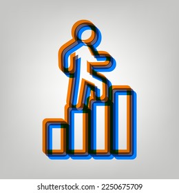 El hombre está subiendo al cartel de los bares. Icono marcado en colores naranja, azul y lavanda antigua en fondo gris. Ilustración.