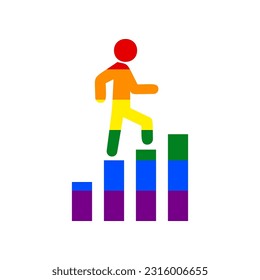 El hombre está subiendo al cartel de los bares. Icono en fondo blanco, de los derechos LGBT gay arcoiris. Ilustración.