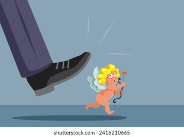 
Man Stepping on a Cupid Angel Vector Concept Illustration
Unhappy divorced guy chasing matchmaker for revenge 
