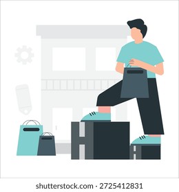 Um homem está pisando em uma caixa em uma academia moderna, simbolizando motivação e determinação para alcançar seus objetivos de fitness. A ilustração transmite uma sensação de energia, movimento e ação, destacando a importância de se manter ativo e saudável.