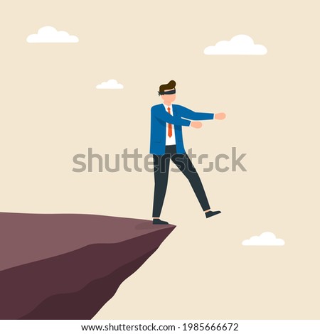Man steps from the cliff are blindfolded. Risky and dangerous business. Vector illustration.