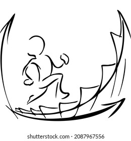 Man steps up the diagram with an arrow sketch vector illustration hand draw