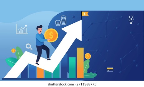 Um homem pisa sobre uma seta que sobe representando o crescimento financeiro e o sucesso dos negócios, rodeado de símbolos de dinheiro e investimento.
