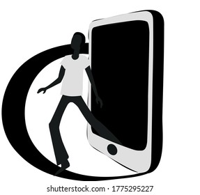 Man steps out from cellphone. Away from smartphone adiiction.
