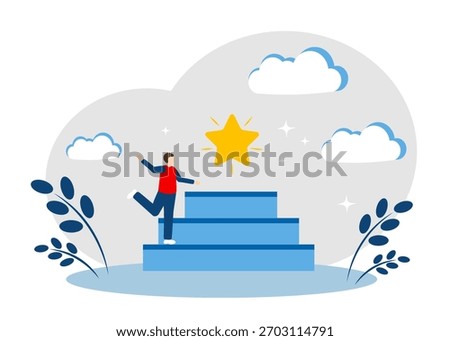 A man, steps and a star. The concept of achieving a goal, fulfilling a desire, career growth