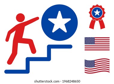 Der Mensch tritt zu Erfolg Symbol in Blau und Rot mit Sternen. Der Stil von Man Steps zu Erfolgsbeispielen verwendet amerikanische offizielle Farben demokratischer und republikanischer politischer Parteien und Sternformen.