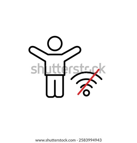 Man stick figure with arms raised up in celebration and happiness and no wifi symbol. Time offline and digital detox. Pixel perfect vector icon