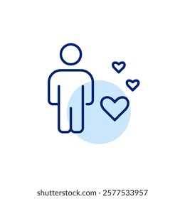 Man stick figure and hearts. Looking for love and romantic relationships, social media influencer. Pixel perfect, editable stroke icon