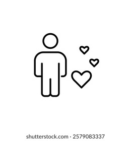 Man stick figure and hearts. Looking for love and romantic relationships, social media influencer. Pixel perfect vector icon