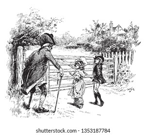 A man with stick talking to two children, vintage line drawing or engraving illustration