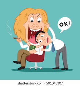 Man sticking his head in creditor mouth with lion character, risk concept vector illustration cartoon