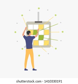 Man sticking notes on board. Kanban board, task list, scrum. Business concept. Vector illustration can be used for topics like work on project, to do list, management, planning