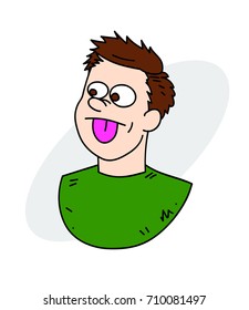 Man sticking out tongue cartoon hand drawn image. Original colorful artwork, comic childish style drawing.