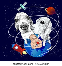 A man sticking red tongue out stting on blue earth with his two beagle dogs with scence of outer space, star, planet, rocket and satelite, funny imagination of pet and owner, vector illustration.