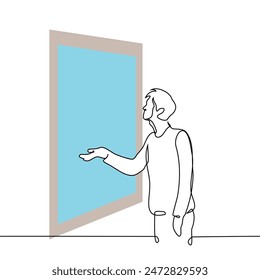 man sticks his hand out of the window, he checks whether it is raining outside - one line art vector. rain or snow concept. Handmade vector not AI