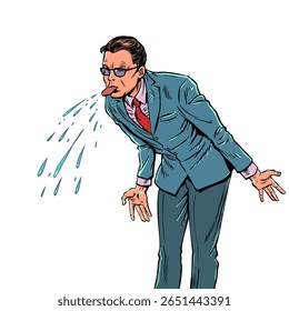 A man sticks out his tongue. Problems at work and in a team. Dismissal from a profession. Pop Art Retro Vector Illustration Kitsch Vintage 50s 60s Style. On a white background