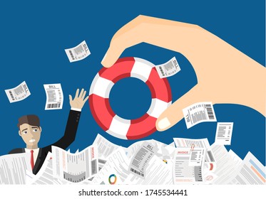 Man sticks out of a pile of papers. Another person is stretching a lifeline and wants to help. Helping Business to survive. Drowning businessman getting lifebuoy from another businessman