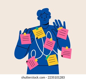 Man with sticky notes all over him. Post it. Colorful vector illustration 
