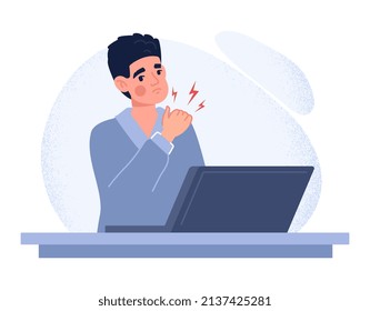 Man with stiff. Young guy in front of laptop with sore finger. Bruise and suffering. Sad character, sorrow. Muscle pain, osteoarthritis, pinched nerves and suffer. Cartoon flat vector illustration