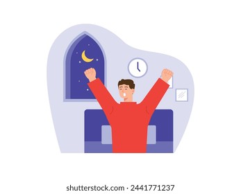 The man is still sleepy, wakes up for suhoor during the month of Ramadan. Character design. Vector flat illustration