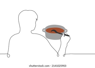 man stirs soup in saucepan with ladle - one line drawing vector. concept of cooking homemade food, cooking soup 