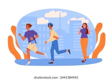 Man stole bag concept. Criminal at street run from policeman. Sad woman with thief. Burglar at urban street. Bandit with handbag. Cartoon flat vector illustration isolated on white background