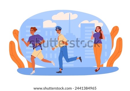 Man stole bag concept. Criminal at street run from policeman. Sad woman with thief. Burglar at urban street. Bandit with handbag. Cartoon flat vector illustration isolated on white background