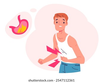 Mucho dolor de estómago. Personas concepto de dolor de estómago, chico enfermo bruja dolor abdominal inflamación dolorosa del abdomen acidez gástrica síntoma mal problema del tracto digestivo Ilustración vectorial Obra de arte original