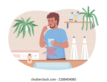 Man With Stomach Ache Taking Drugs At Home 2D Vector Isolated Illustration. Illness Cure Flat Character On Cartoon Background. Healthcare Colourful Editable Scene For Mobile, Website, Presentation