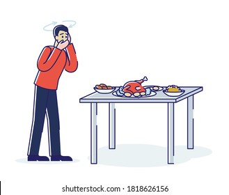 Man with stomach illness feeling sick before eating suffer from appetite loss. Male character suffering from stomachache or food poisoning. Cartoon linear vector illustration