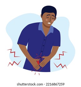 Man with stomach pain. Male character suffers from abdominal pain. Concept of poisoning, appendicitis, consequences of malnutrition, digestive system problem and unhealthy lifestyle.