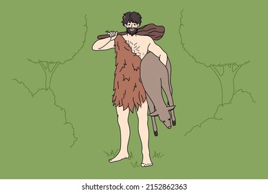 Man from stone age in traditional tribe clothing hold prey in hands. Primitive archaic man with cudgel. Tribal times. Flat vector illustration, cartoon character. 