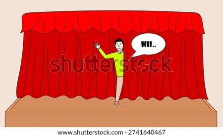 man stood up and emerged from the red curtain. He is waving at the camera, and the curtain is drawn, creating a sense of anticipation or excitement