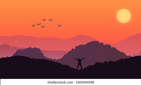 Man stood on mountain landscape Vector