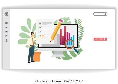 A man stood pointing at the document. website page Market Analysis. Modern flat design concept of web page design for website and mobile website