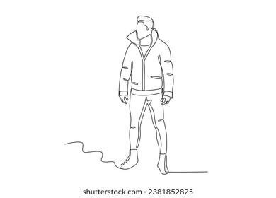 A man stood proudly dressed in winter clothes. Winter outfit one-line drawing