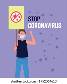 man with stop covid19 placard protest vector illustration design