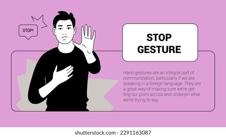 Man with stop gesture. Human gesture and reactions banner template. Vector people illustration. Horizontal aspect ratio.