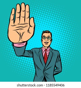 man stop hand gesture. Pop art retro vector illustration vintage kitsch