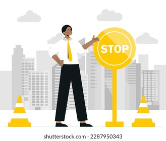 Hombre con el concepto de la señal de alto. Seguridad vial y protección. Afiche o cartel para el sitio web. Trabajos de reparación en el paisaje urbano y urbano. Proyecto de negocio. Dibujo vectorial plano de dibujos animados
