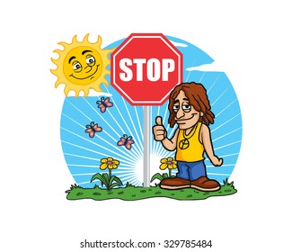 man in stop sign in the park in the summer cartoon character