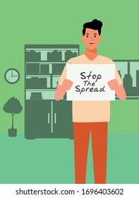 man with stop spread covid19 banner vector illustration design