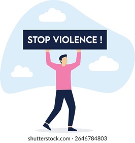Homem com cartaz de violência. Pessoa que protesta contra o abuso, isolada sobre fundo branco

