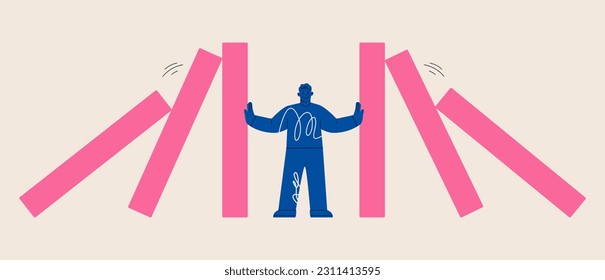 Man stopping falling domino. Symbol of crisis, risk, management, leadership concept. Colorful vector illustration