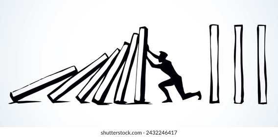 A man stops falling dominoes. Vector drawing