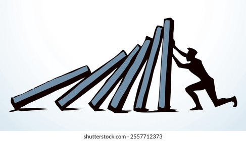 A man stops falling dominoes. Vector drawing