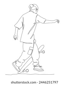 Man stops on skateboard by turning on the tail. Continuous line drawing. Black and white vector illustration in line art style.