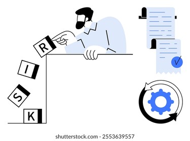 Man stops a stack of blocks labeled risk from falling. Near him, a document with a checkmark and a gear symbol inside a cycle arrow. Ideal for risk management, compliance, business strategy, process