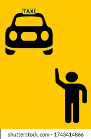 El hombre detiene una imagen vectorial de un coche de taxi. Plantilla para texto. Cartel de signos. El lugar donde se detiene el taxi. Color amarillo y negro. Cartel. Cartel. Colocar el texto.