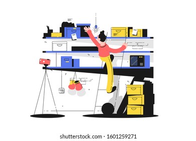 Man in storage vector illustration. Guy standing on stepladder and looking for something on littering shelves in storehouse with homes things flat style concept